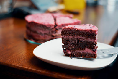 Close-up of cake in plate on table