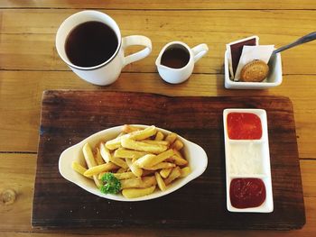 High angle view of breakfast served on table