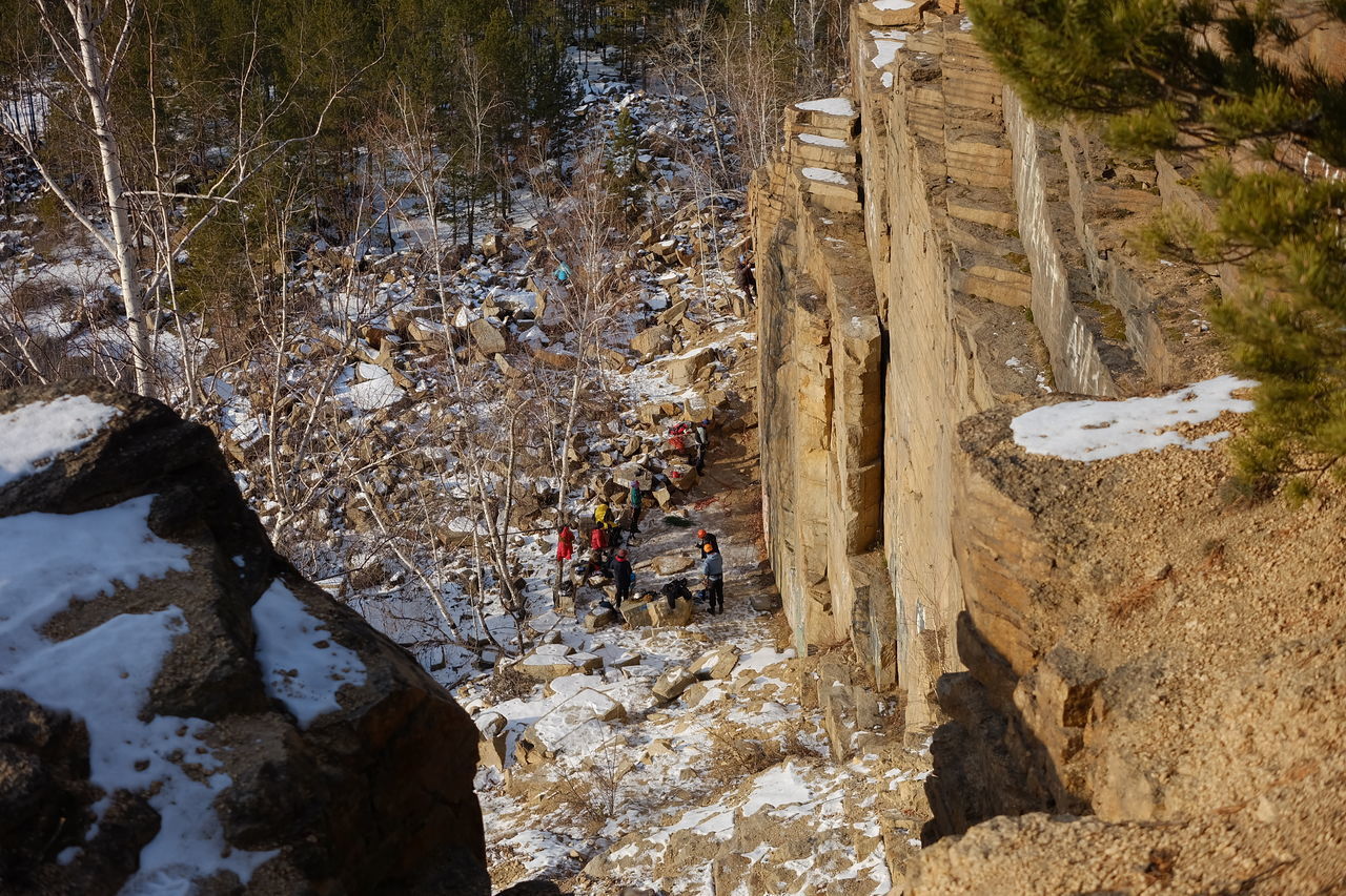 HIGH ANGLE VIEW OF PEOPLE ON ROCK AGAINST WATER