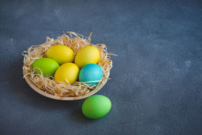 High angle view of eggs in basket