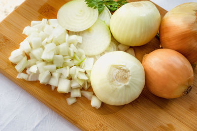 High angle view of chopped vegetables on table