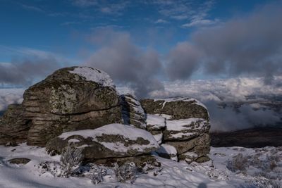 Rock formation against sky during winter