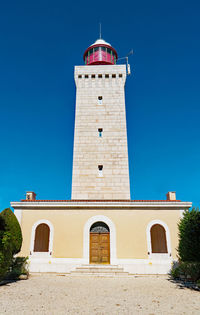 Low angle view of lighthouse against clear blue sky