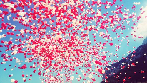 Low angle view of balloons against blue sky