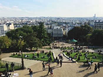 High angle view of people in city