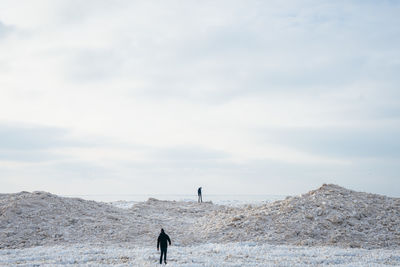 Rear view of person on sea shore against sky