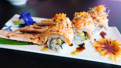 Close-up of sushi served in plate