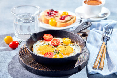 High angle view of breakfast on table