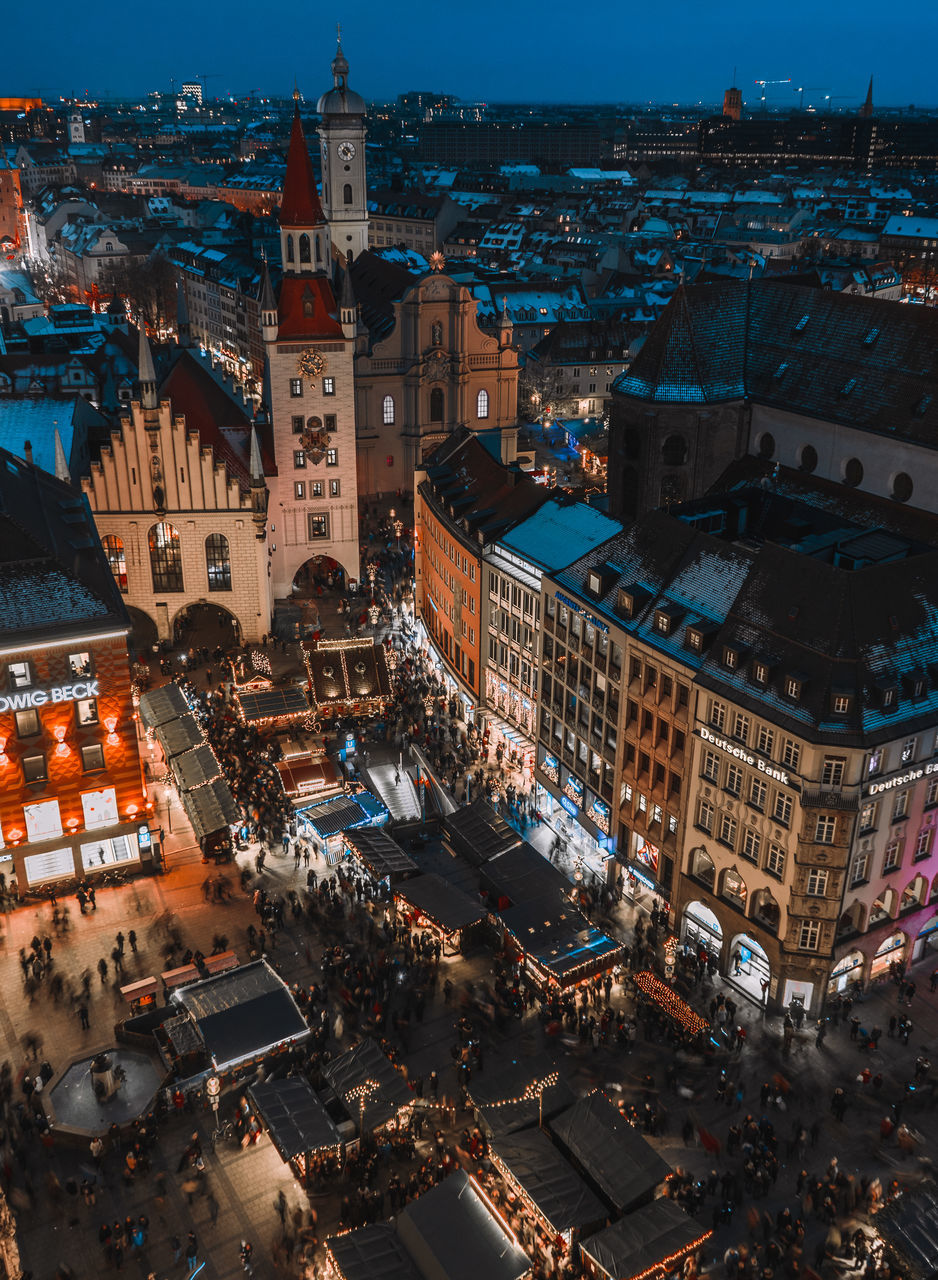 city, architecture, street, holiday, urban, building exterior, cityscape, high angle view, town, night, road, illuminated, outdoors, residential, no people