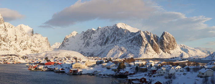 Panoramic view of snowcapped mountains against sky