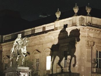 Statue in city at night