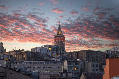 Cityscape against cloudy sky during sunset