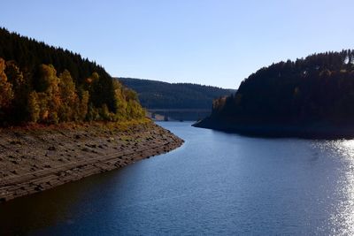 Scenic view of river amidst trees against clear sky