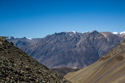 Scenic view of mountains against clear blue sky