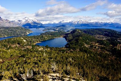 Scenic view of mountains and lake against cloudy sky