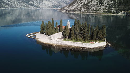 High angle view of lake by trees