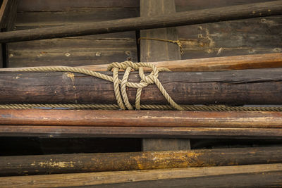Low angle view of rusty tied up on wood