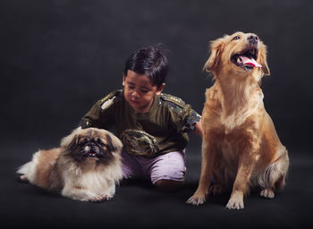 Full length of dog sitting against black background