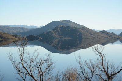 Scenic view of lake and mountains against clear sky