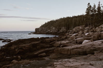 Rugged cliffs of ocean path along shoreline of acadia national park in mount desert island, maine.