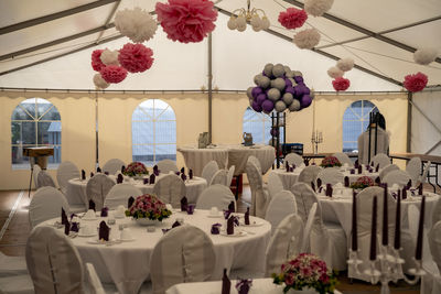 View of flowering plants on table against white wall