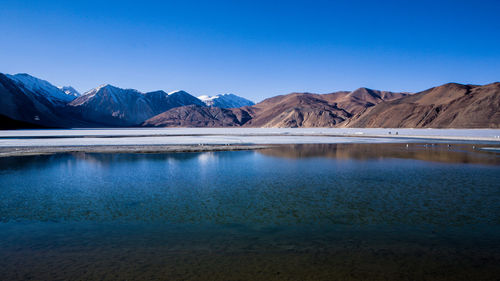 Scenic view of lake and mountains against blue sky