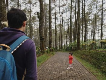 Rear view of people on road amidst trees in forest