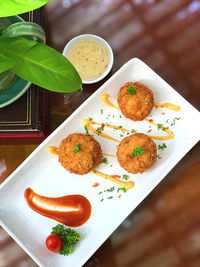 High angle view of food served on table
