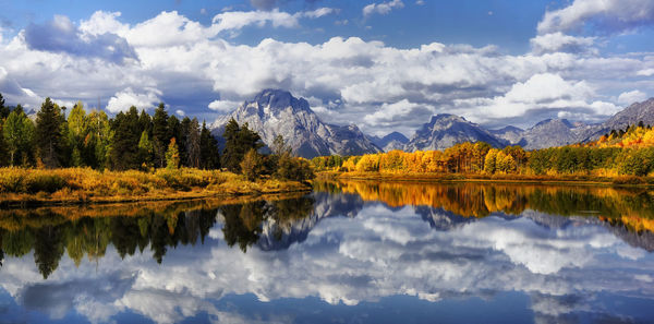 Scenic view of lake and mountains against sky