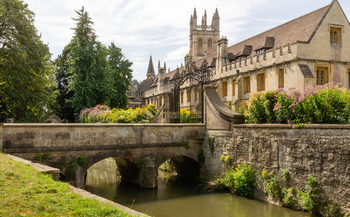 Arch bridge over river against buildings