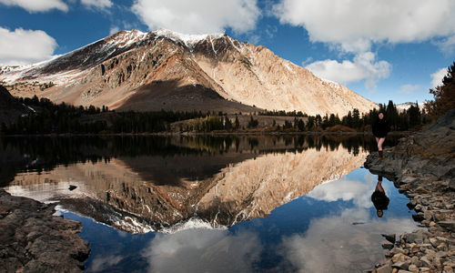 Scenic view of lake by mountains against sky