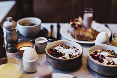 High angle view of food arranged on table in hotel