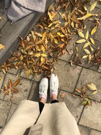 Low section of person standing on footpath during autumn