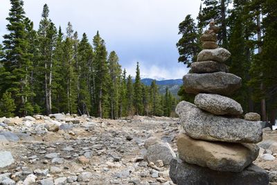 Close-up of stone stacks against trees