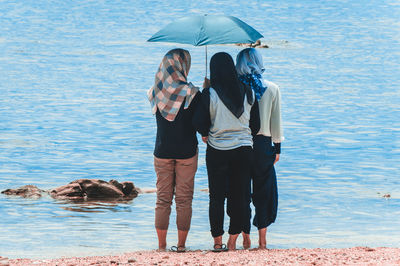 Rear view of female friends with umbrella standing at beach