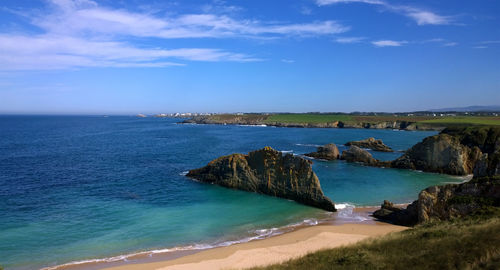 Scenic view of sea against blue sky