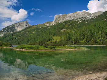 Scenic view of lake by mountains against sky