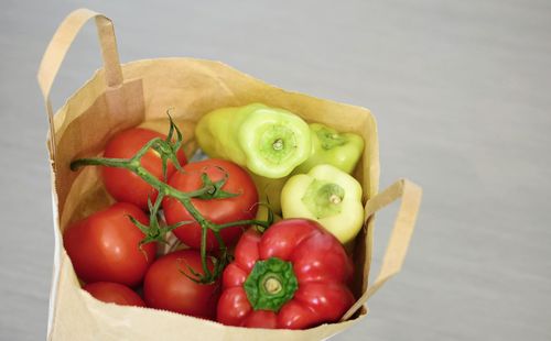 High angle view of fruits and vegetables in container