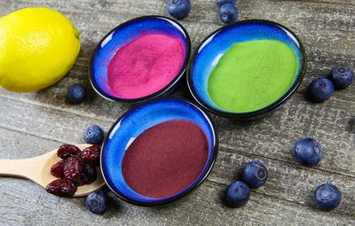 High angle view of various fruits in bowl on table