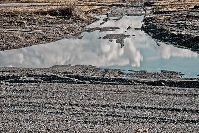 Reflection of cloudy sky on puddle