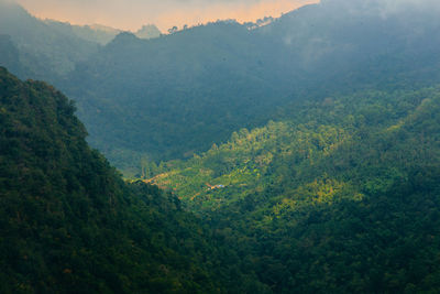 Scenic view of mountains during foggy weather