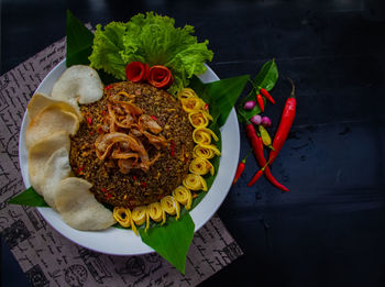 High angle view of meal served on table