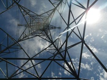 Low angle view of power lines against blue sky