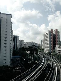 High angle view of railroad tracks by buildings against sky