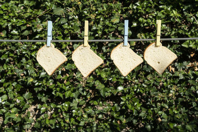 Some slices of bread hanging on a wire in the open air