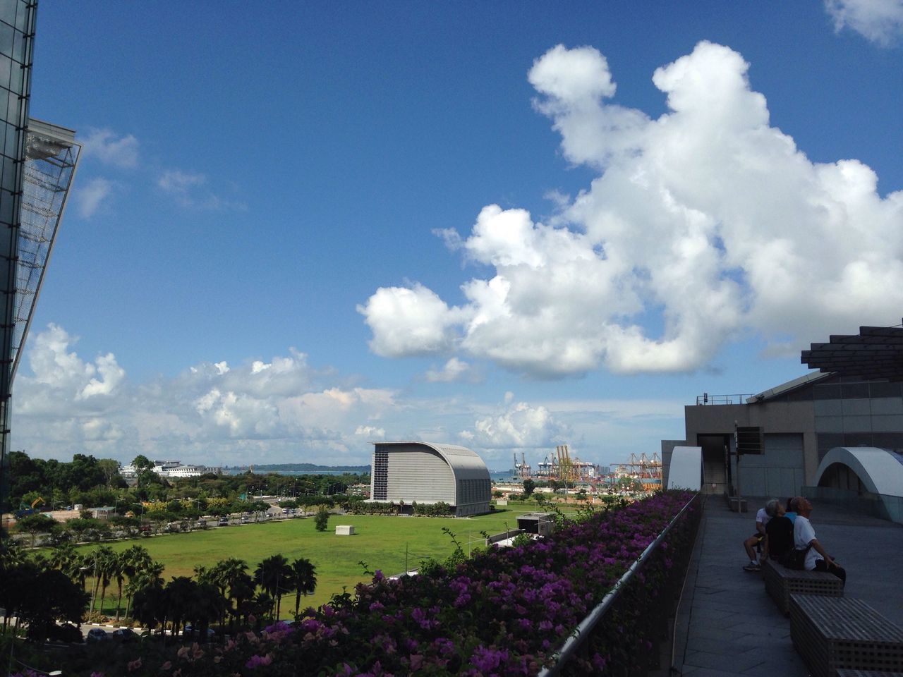 sky, building exterior, architecture, built structure, cloud - sky, cloud, tree, flower, cloudy, day, plant, grass, city, incidental people, outdoors, growth, road, nature, street