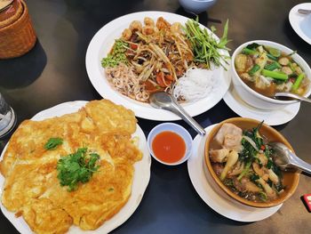 High angle view of food served on table