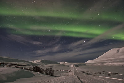 Snowy iceland at night with aurora borealis