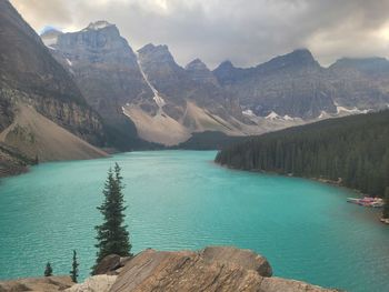 Scenic view of lake and mountains against sky