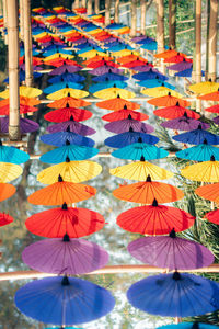 Close-up of multi colored umbrellas hanging in row